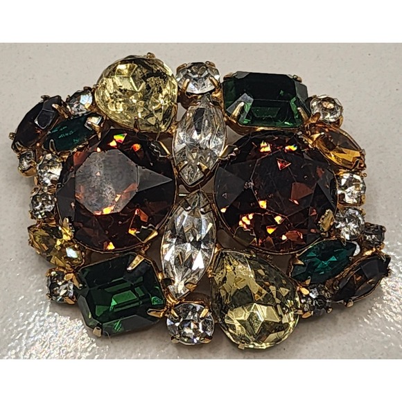 Jewelry - Vintage Multi Color Rhinestone Cluster Brooch Gold Tone Brown Green Yellow